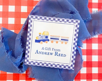 Boys Personalized Train Gift Tags/ Calling Cards / Enclosure Cards / Blue/  Childrens / Gingham