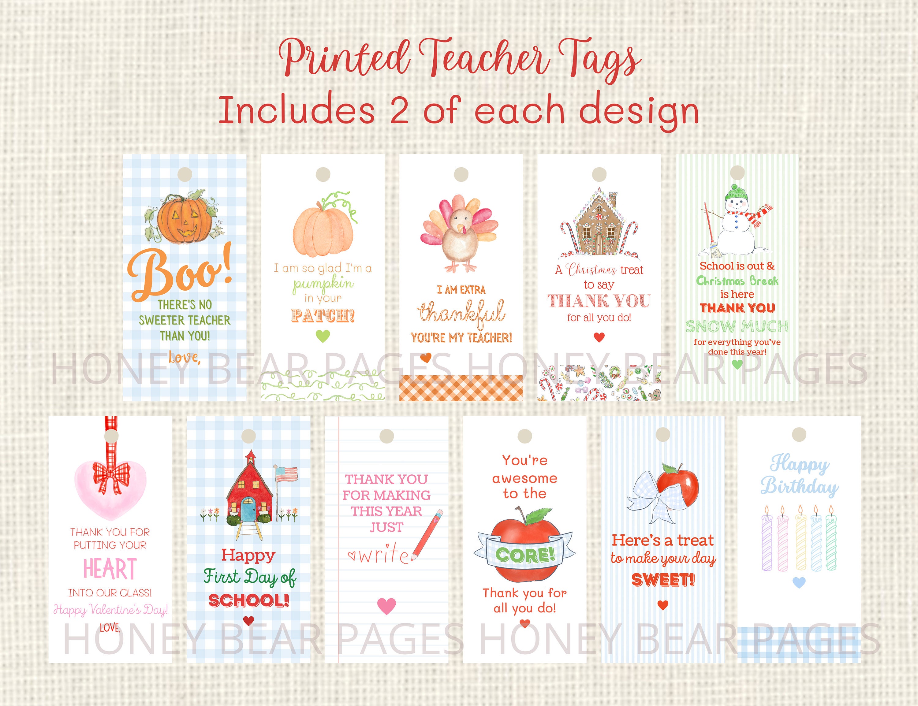 Teacher Gift Tags / Christmas, Halloween, Thanksgiving, Teacher Appreciation, First Day of School