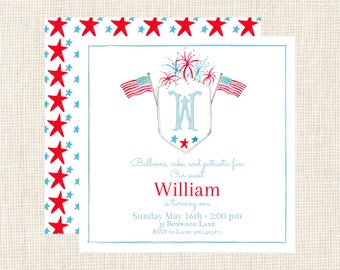 May include: A red, white, and blue invitation with a star pattern border. The invitation is for a first birthday party for William. It includes the text "Balloons, cake, and patriotic fun. Our sweet William is turning one. Sunday May 16th - 2:00 pm. 35 Boxwood Lane. RSVP to Lacey: 566.246.3677."