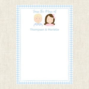 May include: A blue and white gingham border surrounds a white card with the text "From the Mom of Thompson & Marielle". Two cartoon children, a boy with blonde hair and a girl with brown hair, are pictured above the text.