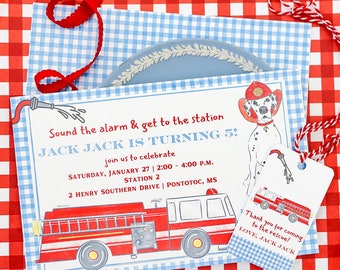 Firetruck Dalmatian Watercolor Birthday party Invitations / Watercolor