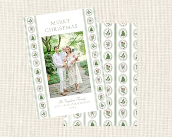May include: Christmas card featuring a family photograph and the text "MERRY CHRISTMAS" in green. The card has a white background with green vertical stripes and festive circular illustrations. The family name and the year 2023 are printed at the bottom.