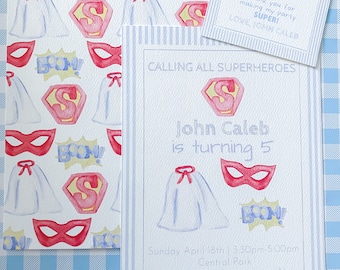May include: A blue and white striped invitation with the text "Calling all superheroes" and "John Caleb is turning 5". The invitation has a red and yellow Superman logo and a red mask. The invitation also includes the date, time, and location of the party.