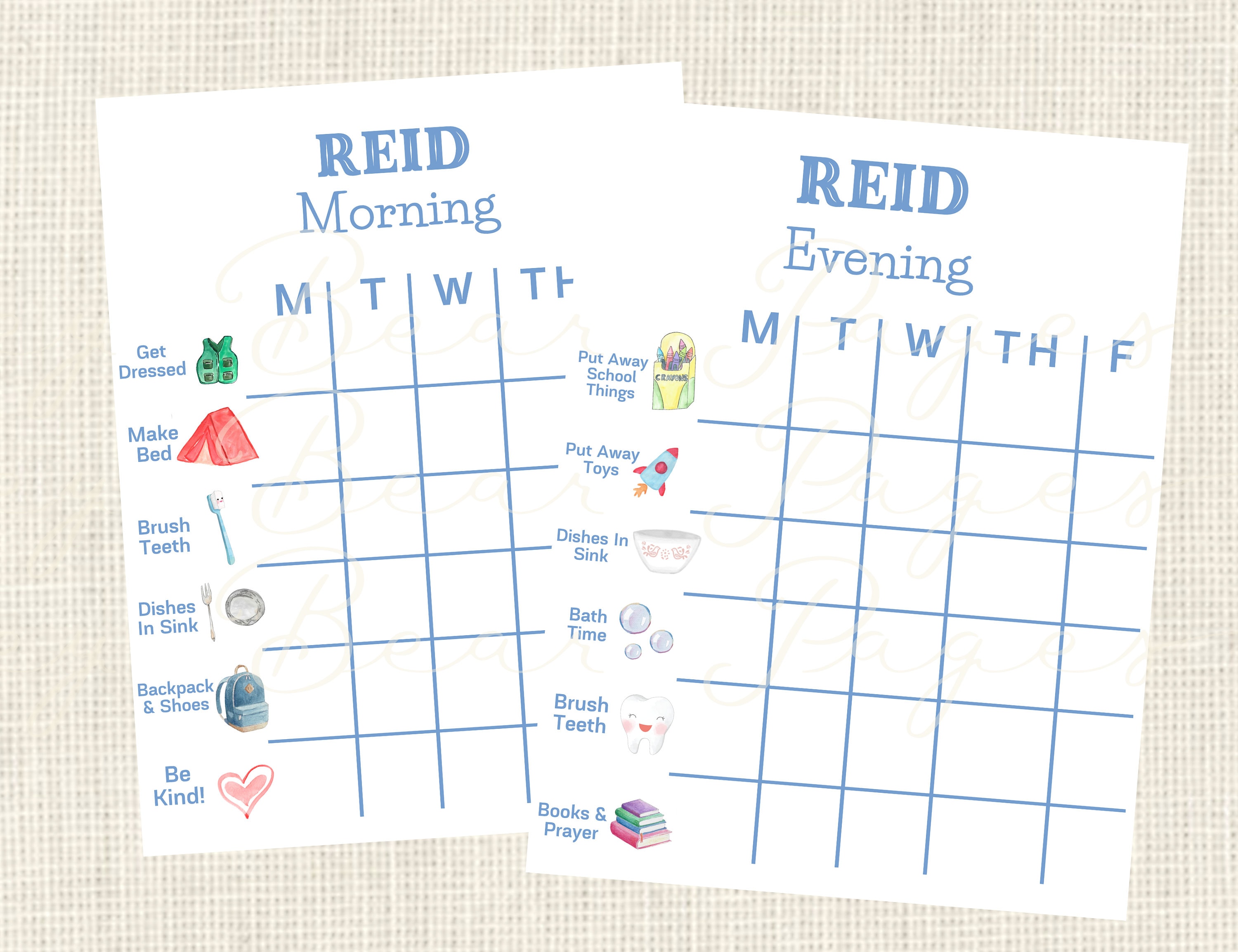 Personalised Laminated A4 Kids morning and evening routine chart reward chart 
