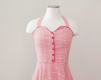 1950s Vintage Swing Dress, Red & White Check, Size 8/10 or S / M
