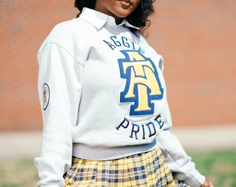 May include: A woman wearing a gray sweatshirt with the text "Aggie Pride" and a yellow and black plaid skirt.