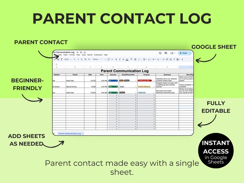 Editable Parent Contact Log Google Sheets | Teacher Parent ...