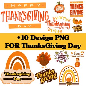 Peut inclure: Plusieurs modèles PNG sur le thème de l'Action de grâce. L'image présente diverses conceptions de texte, notamment "Happy Thanksgiving Day" et "Thanksgiving", ainsi que des illustrations d'une dinde, de citrouilles et d'un arc-en-ciel. Les motifs sont orange, marron et jaune.