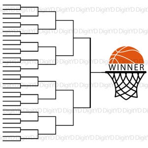 Peut inclure: Graphique de tableau de tournoi de basket-ball en noir et blanc. Un ballon de basket-ball orange est au-dessus d'un filet noir avec le mot "WINNER" en texte noir. Le tableau comporte plusieurs espaces vides pour les équipes.