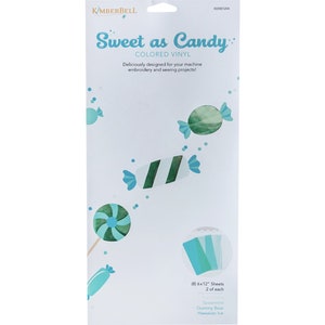 May include: Sweet as Candy: Colored Vinyl, a package of 8 sheets of 6x12 inch vinyl in three colors: Spearmint, Gummy Bear, and Hawaiian Ice. The package features a variety of candy-themed designs.