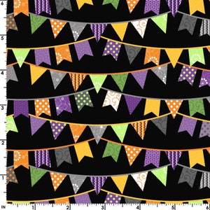 May include: A black background with a repeating pattern of colorful triangle flags strung together. The flags have various patterns including polka dots, stripes, and swirls. The flags are in shades of orange, green, purple, and gray.