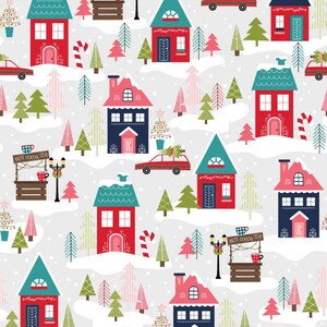 May include: A seamless pattern featuring a winter wonderland scene with red, blue, and green houses, snow-covered hills, and Christmas trees. The pattern includes a hot cocoa stand with the text "Hot Cocoa 25¢".