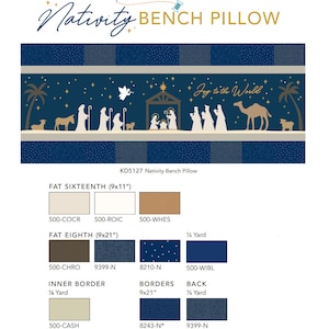 May include: A fabric pattern chart for a Nativity Bench Pillow sewing project. The chart shows the different fabrics needed for the project, including the colors and names of each fabric. The chart also includes the measurements for each fabric piece. The fabric pattern features a blue background with a white silhouette of the Nativity scene and the text "Joy to the World".