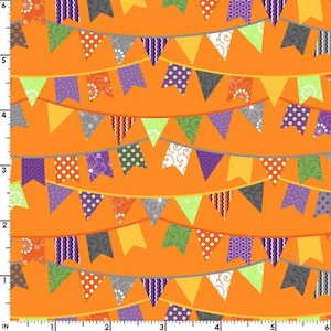 May include: A seamless pattern featuring a repeating design of colorful pennant flags strung together on a bright orange background. The flags are decorated with various patterns, including polka dots, stripes, swirls, and floral designs. The flags are in shades of purple, green, yellow, orange, white, and gray.