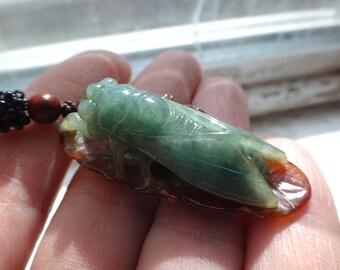 May include: A jade green cicada pendant carved from jade with brown accents. The pendant is attached to a black cord with a brown wooden bead.