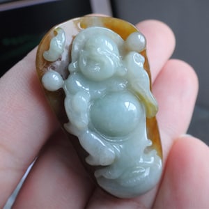 Natural Genuine A Jadeite Jade Yellow Green Happy buddha Pendant