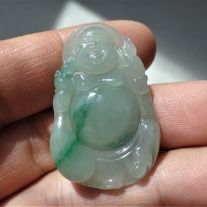 Natural Genuine A Jadeite Jade Icy Floral Green Happy Buddha Lucky Bag Pendant
