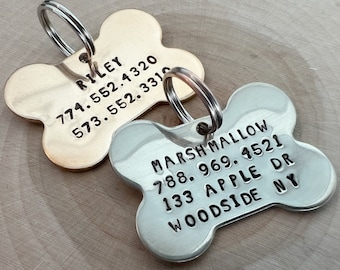Bone Dog Id Tag / Unique Pet Tags/ Hand stamped Pet Tags / Gold Bone Tag / Gold Dog Id Tag / Personalized Dog Tag / Address Tag / Phone Tag