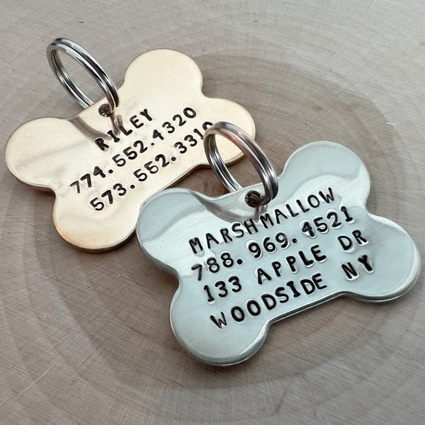 Bone Dog Id Tag / Unique Pet Tags/ Hand stamped Pet Tags / Gold Bone Tag / Gold Dog Id Tag / Personalized Dog Tag / Address Tag / Phone Tag