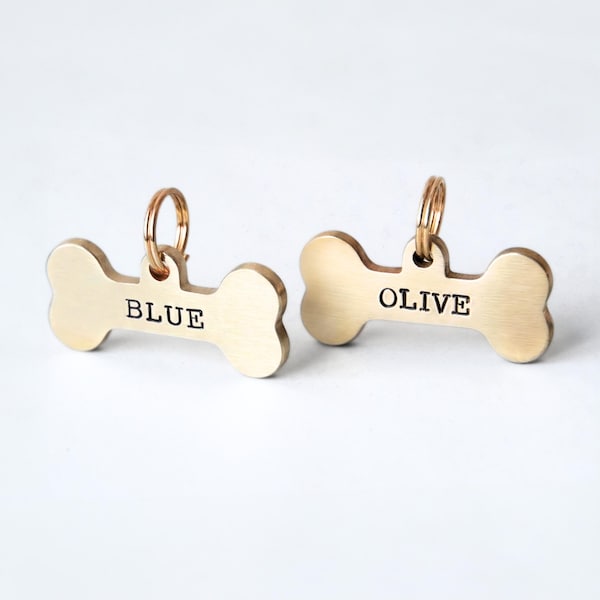 Premium Hand-Stamped Brass Bone Dog Tag — Personalized Double Sided Pet Name and Phone Number — Accessory for Collar Id in Gold for Dogs.