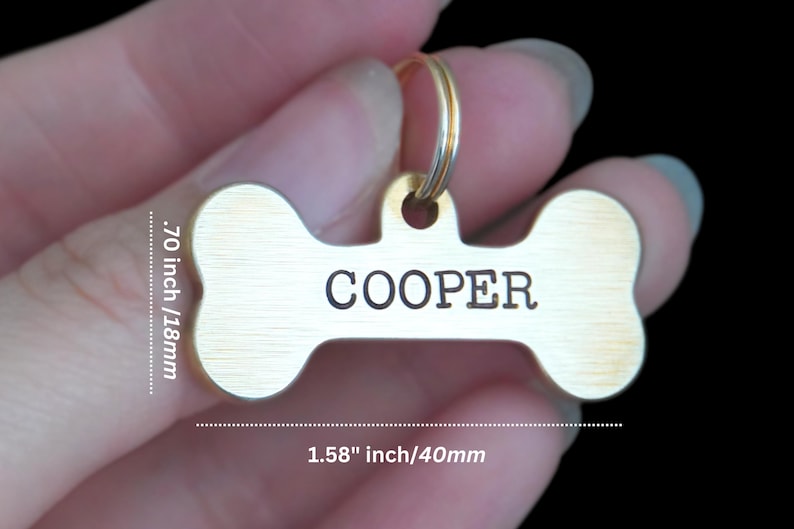 Premium Hand-Stamped Brass Bone Dog Tag — Personalized Double Sided Pet Name and Phone Number — Accessory for Collar Id in Gold for Dogs. Bild 6