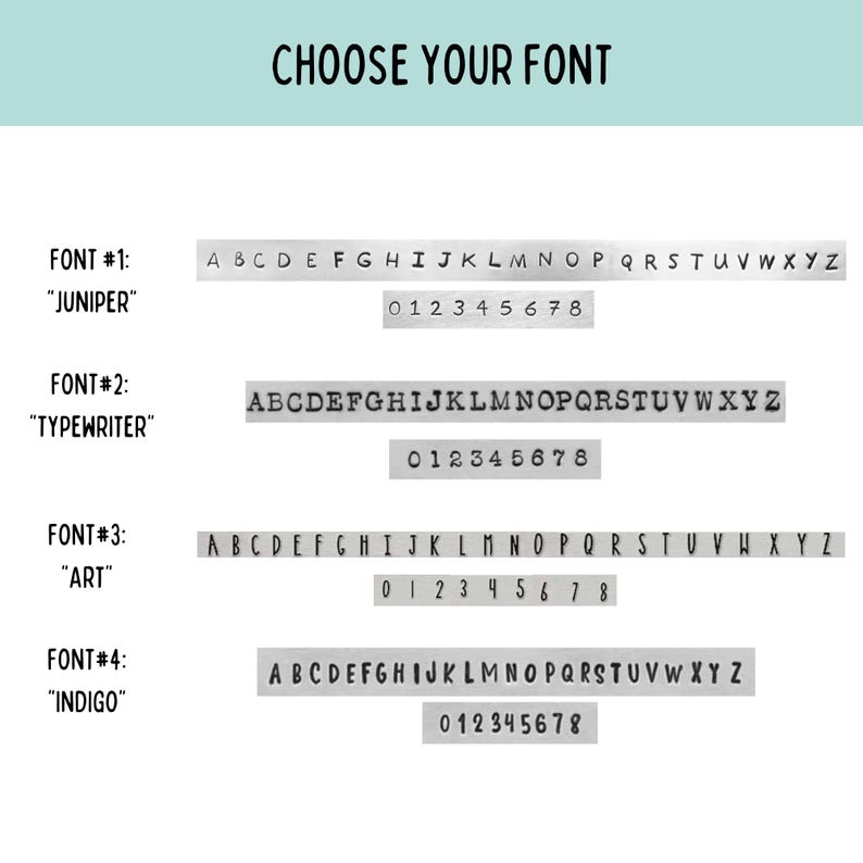 K&ouml;nnte beinhalten: Bild mit vier verschiedenen Schriftarten: Juniper, Typewriter, Art und Indigo. Jede Schriftart zeigt das Alphabet und die Zahlen 0-8. Der Text "CHOOSE YOUR FONT" steht oben. Geeignet f&uuml;r personalisierte Bastel- und Designprojekte.