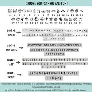 May include: A chart titled CHOOSE YOUR SYMBOL AND FONT displaying 31 black line-art symbols numbered 1-31. Below are four font styles labeled JUNIPER, TYPEWRITER, ART, and INDIGO, each showing uppercase letters, lowercase letters, and numbers 0-8.