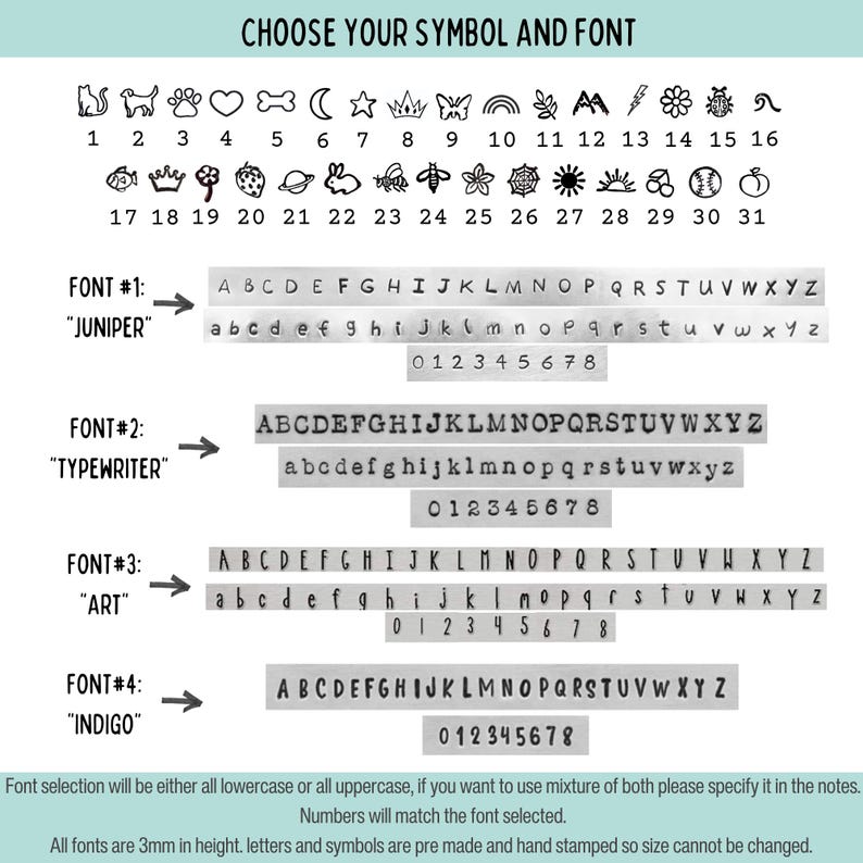 May include: A chart titled CHOOSE YOUR SYMBOL AND FONT displaying 31 black line-art symbols numbered 1-31. Below are four font styles labeled JUNIPER, TYPEWRITER, ART, and INDIGO, each showing uppercase letters, lowercase letters, and numbers 0-8.