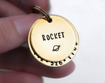 Hand Stamped Pet Name ID Tag for Dogs and Cats in Brass Gold