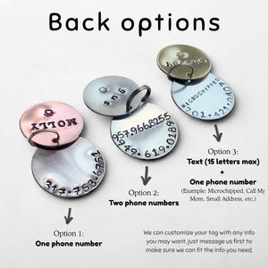 May include: Three sets of circular metal pet ID tags with split rings. Each set features a top and bottom disc stamped with names, paw prints, and phone numbers. Text includes Back options, Option 1, Option 2, Option 3, and customization details.
