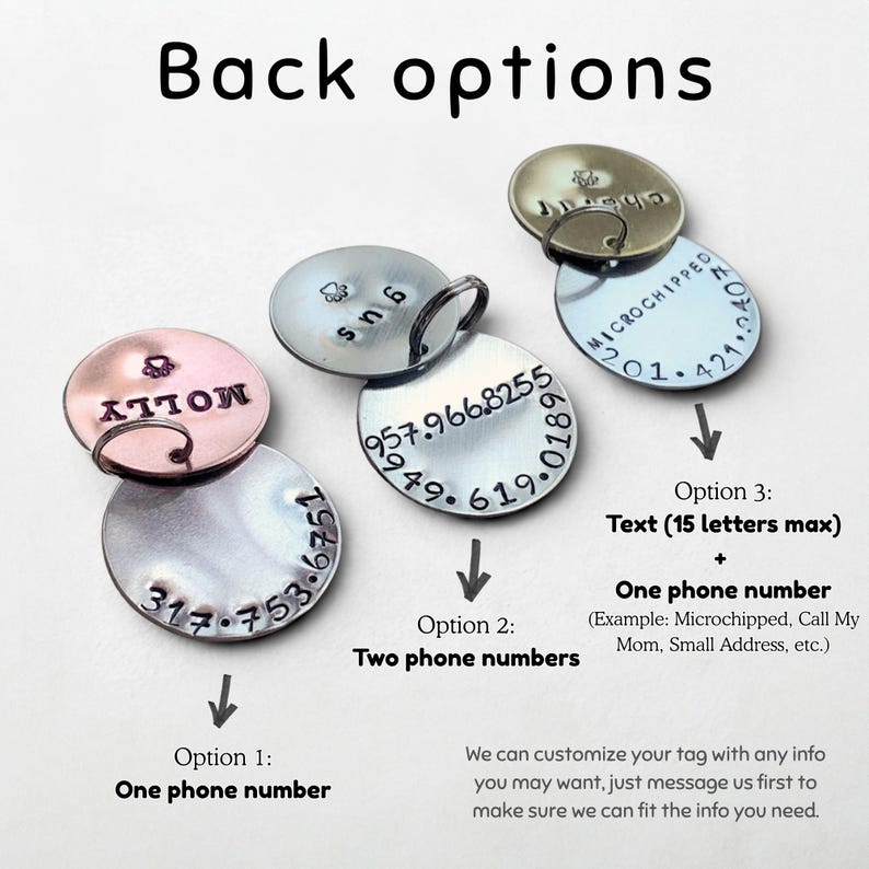 May include: Three sets of circular metal pet ID tags with split rings. Each set features a top and bottom disc stamped with names, paw prints, and phone numbers. Text includes Back options, Option 1, Option 2, Option 3, and customization details.