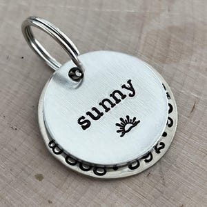 May include: A circular silver-toned metal pet identification tag featuring a brushed finish. The top layer is engraved with the name sunny and a small sun icon. A larger base disc is visible underneath with a decorative stamped border pattern.