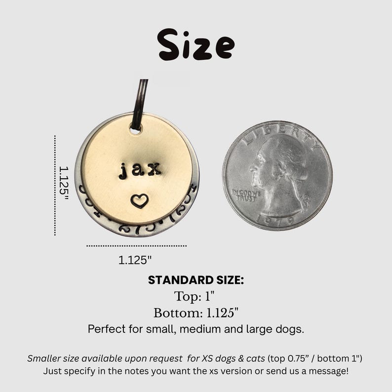 May include: A two-layered circular pet tag featuring a gold-toned top disc stamped with the name jax and a heart symbol, resting on a larger silver-toned bottom disc. A US quarter is shown for scale, with dimensions labeled as 1.125 inches.