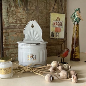 Französische Salzbox, emaillierte Salzbox, Küchendekor, Utensilientopf, Wohndekor, französisches Bauernhaus, schicke Kampagne, Wandbehang