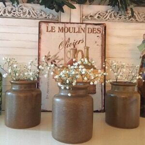 Set of 3 French glazed sandstone mustard pots, Kitchen Decor, Country Farmhouse,
