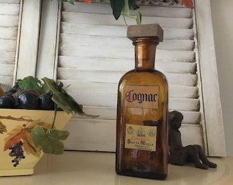 Vintage French Cognac Bottle, Amber Apothecary Decor