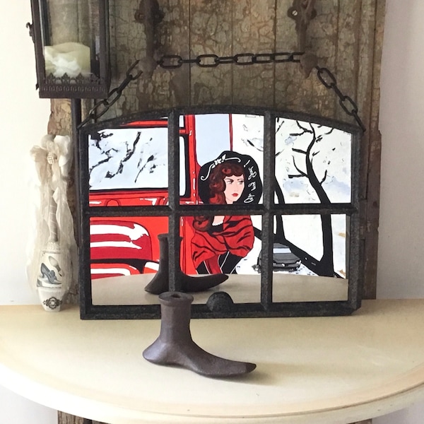 Cast iron glass mirror, hanging mirror, industrial style mirror, home decor, industrial home decor, French country farmhouse