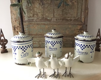 Set of 3 Lustucru enameled metal spice boxes, Vintage French Lustucru Canisters, kitchen decor, storage boxes, French country farmhouse