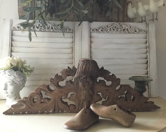 Antique French door pediment, frieze, overdoor crown, architectural salvage carved wood panel, brown patina, home decor
