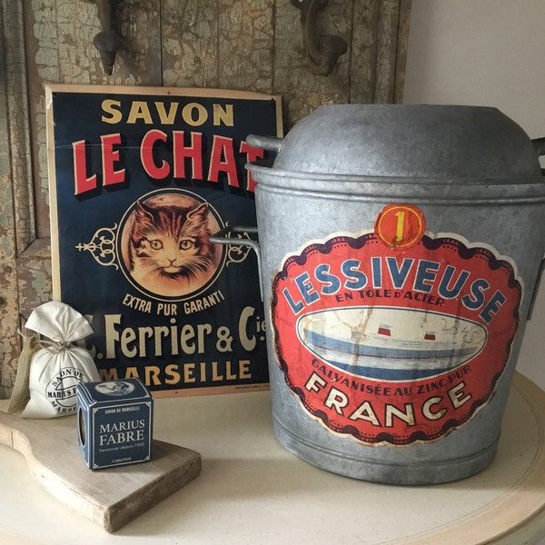 Rare French Old Washing Machine, French zinc laundry tub, wash boiler, galvanized metal wash tub, country farmhouse