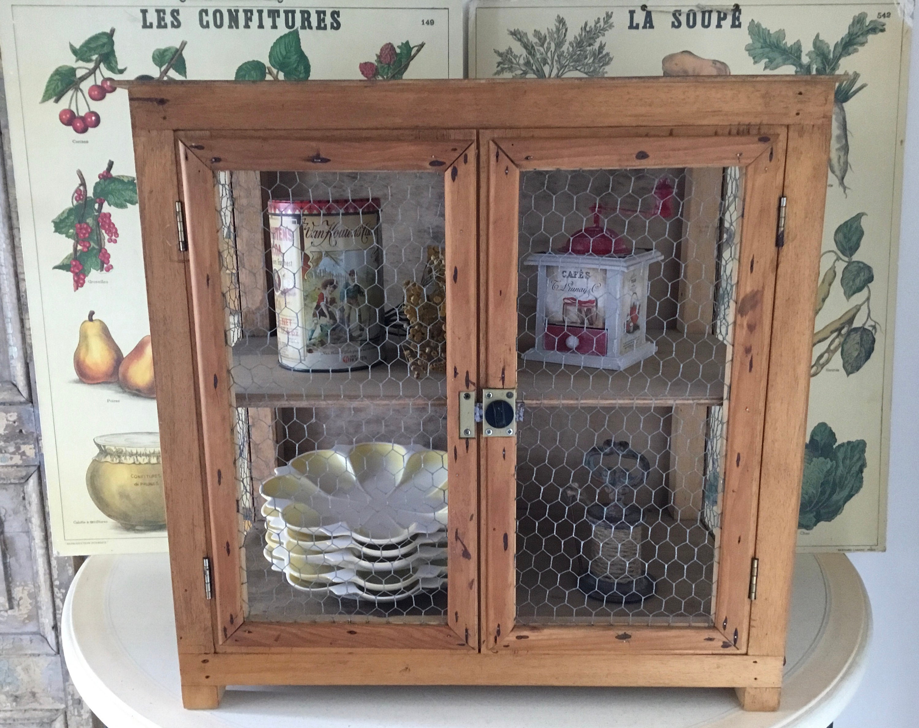 Vintage pantry in wood and mesh, Kitchen Decor, Dish and Food Storage,  French Country Farmhouse, Chic Campaign