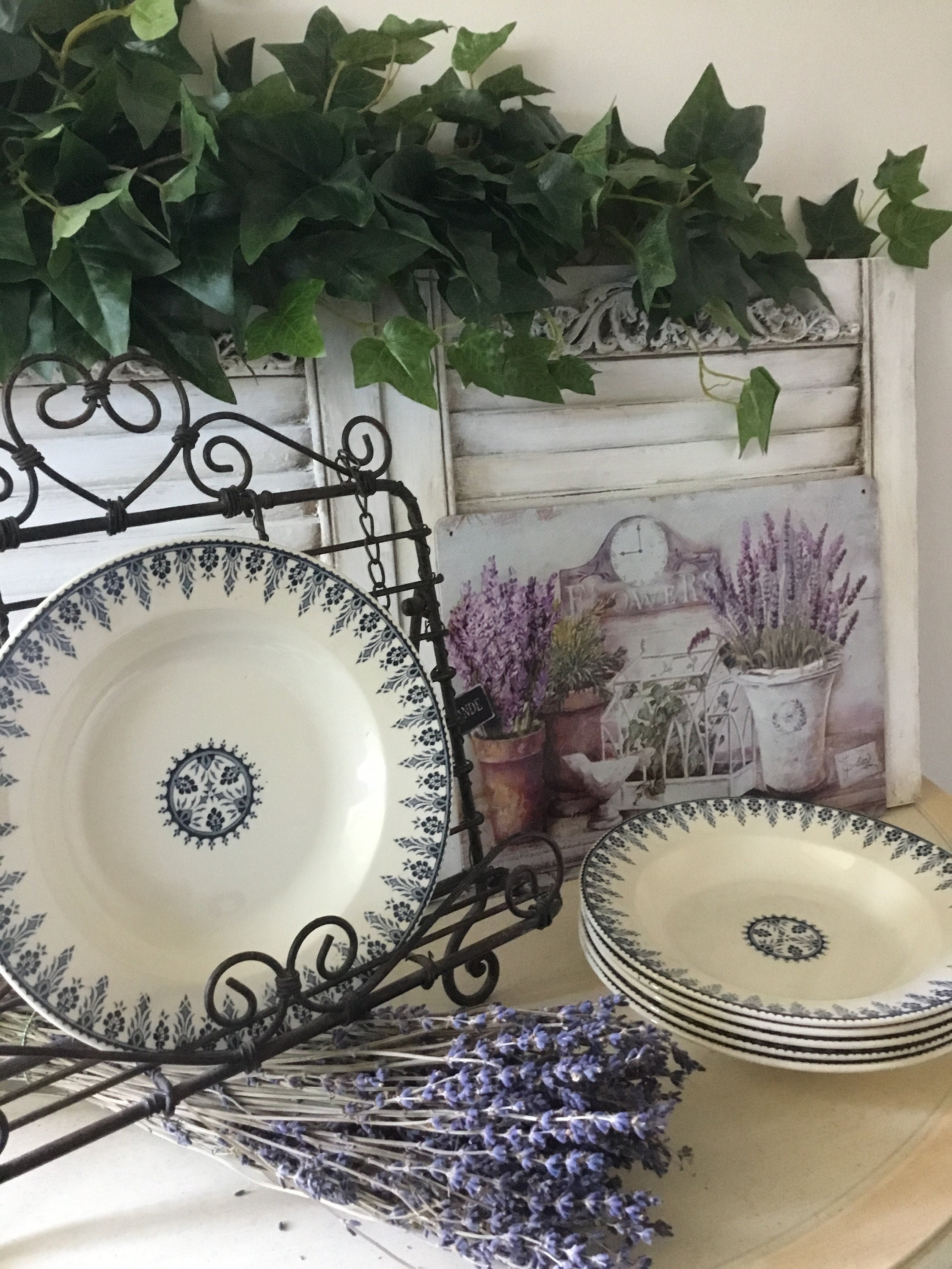 Antique French 19Ème Assiettes à Soupe Bleu Foncé Set Sarreguemines & Digoin Ironstone, Décoration d