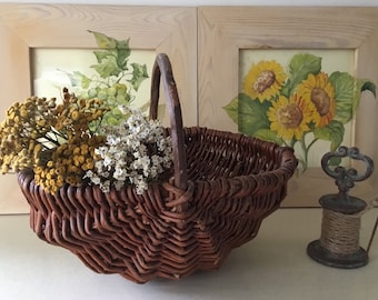 Antique French Wicker Harvesting Basket: Farmhouse Decor, Circa 1950
