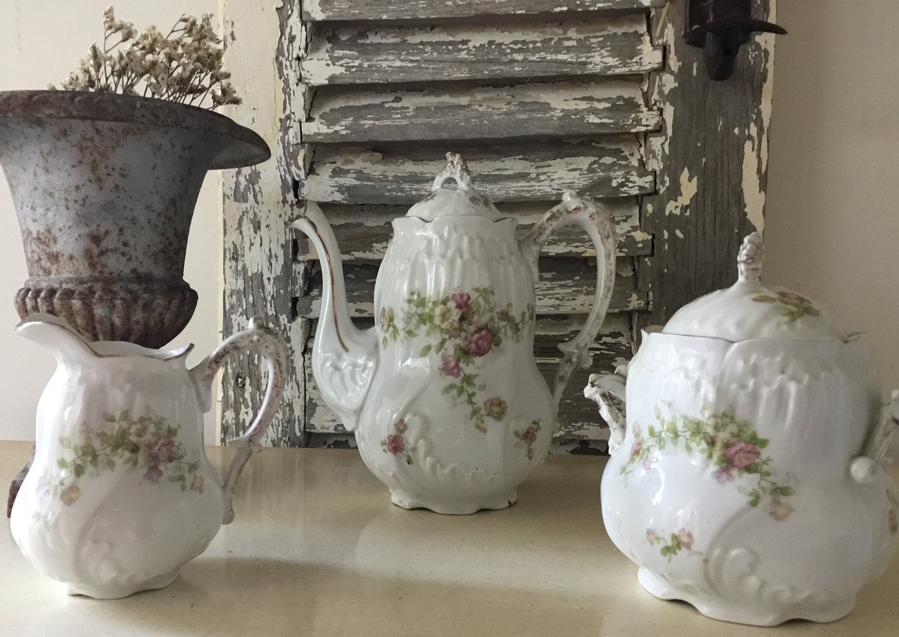 Ensemble de Vintage, Sucrier en Porcelaine Française, Pot à Lait et Théière/Cafetière, Teatime, Broc