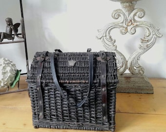 Vintage Black Wicker Basket with Leather Straps: French Home Decor