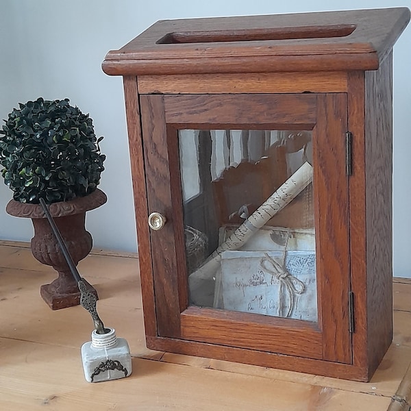 French Antique Wood & Glass Mailbox: Home Decor Writing Box