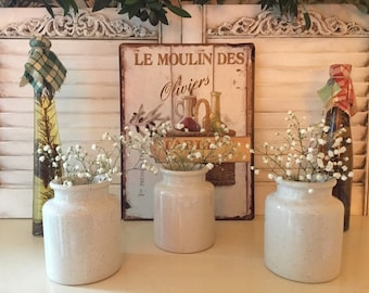Set of 3 French glazed sandstone mustard pots, Kitchen Decor, Country Farmhouse, Home Decor, Kitchen item, Chic Campaign