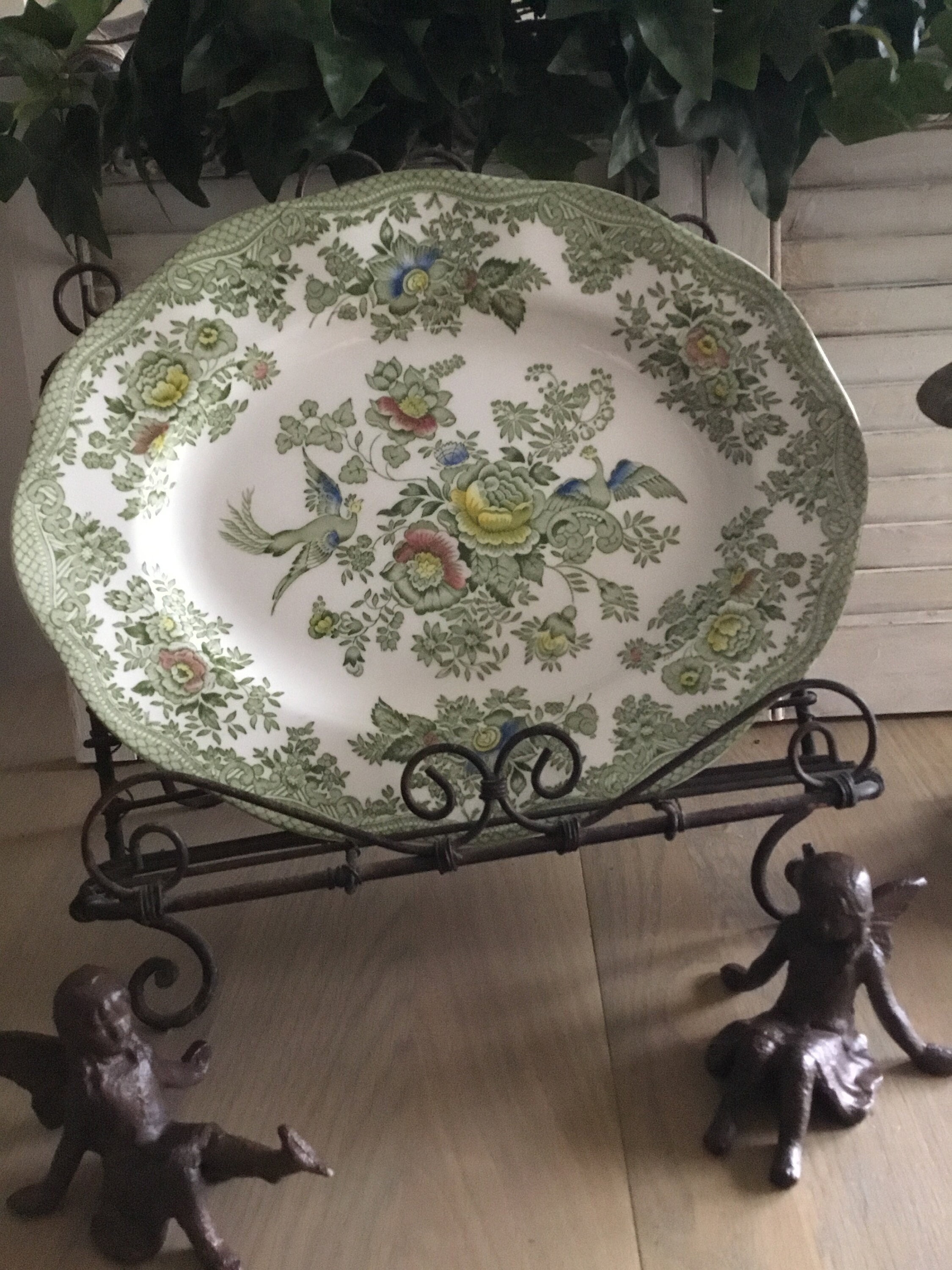 Beau Plat Ovale Vert Vintage, Vaisselle Anglaise, Licorne, Faisans Asiatiques, Décoration de Table, 