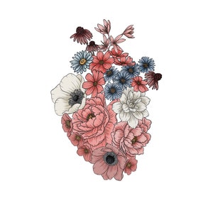 May include: A heart-shaped arrangement of pink, white, and blue flowers. The flowers are drawn in a detailed, realistic style.