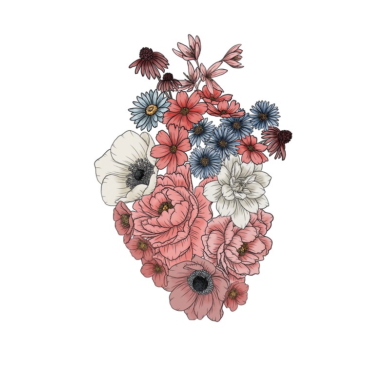 May include: A heart-shaped arrangement of pink, white, and blue flowers. The flowers are drawn in a detailed, realistic style.